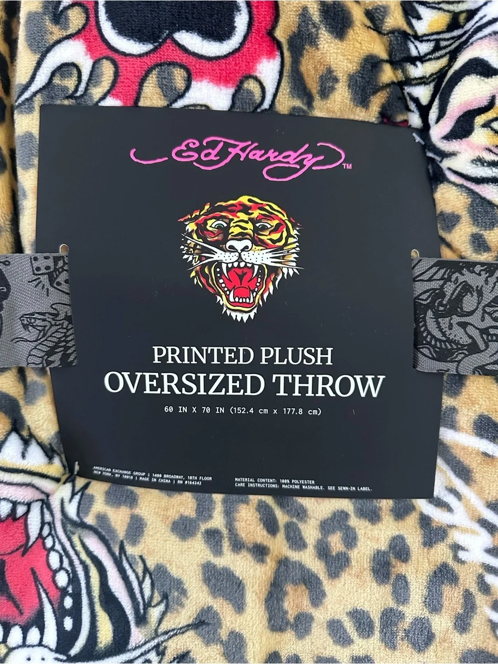 Ed Hardy Oversized Plush Throw Blanket 🤎Leopard Tiger Print 60x70 NWT Soft Cozy